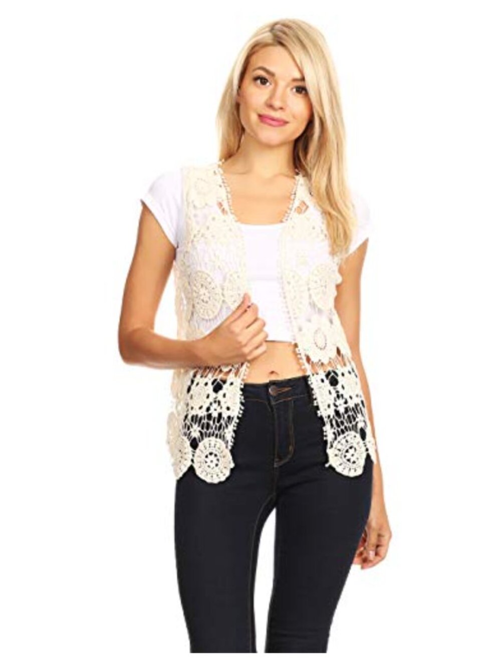Floral Crochet Lace Trim Sleeveless Open Front Vest Cardigan - 100% Cotton